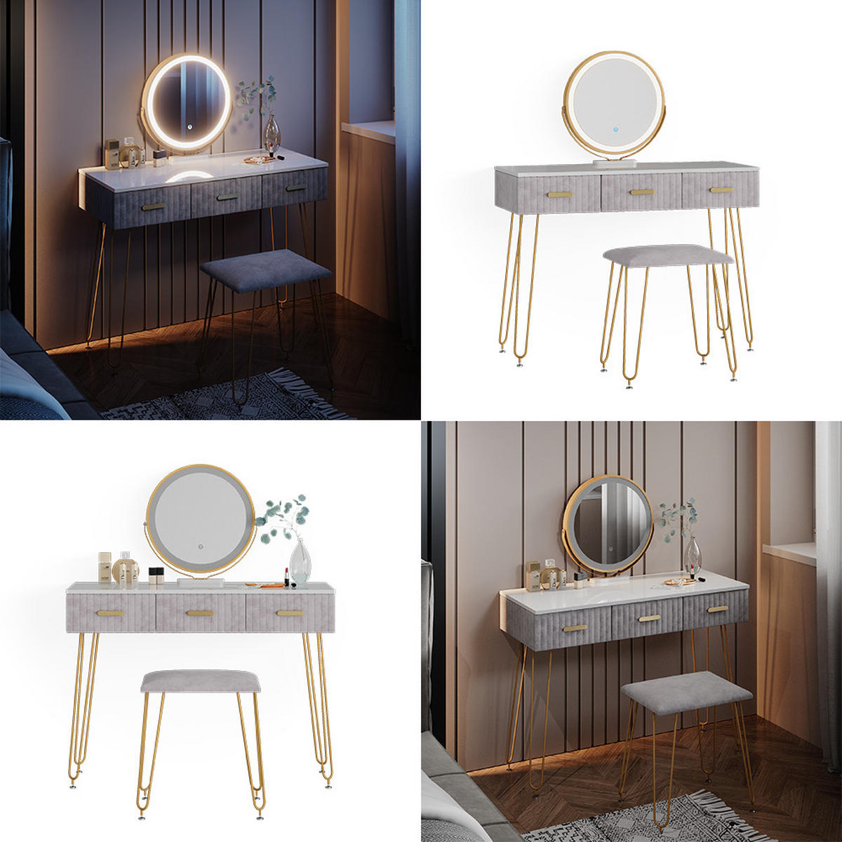 SCHMINKTISCH Layla Grau 100 cm mit LED Beleuchtung und Hocker - Grau, Holzwerkstoff (100/79/40cm) - Vicco
