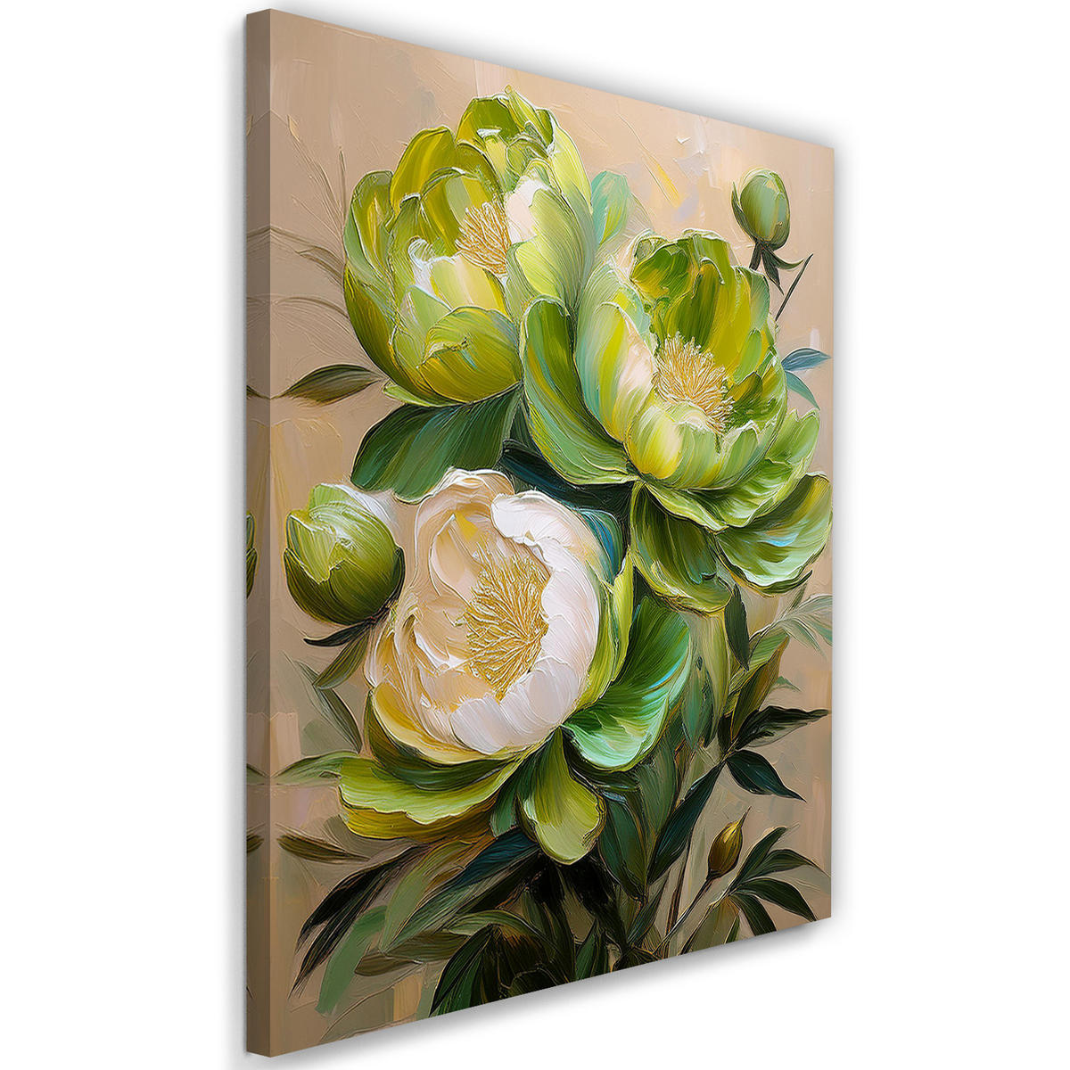 WANDBILD gemalte pfingstrosen blumen grün - Grün, Textil (40/60cm) - Feeby