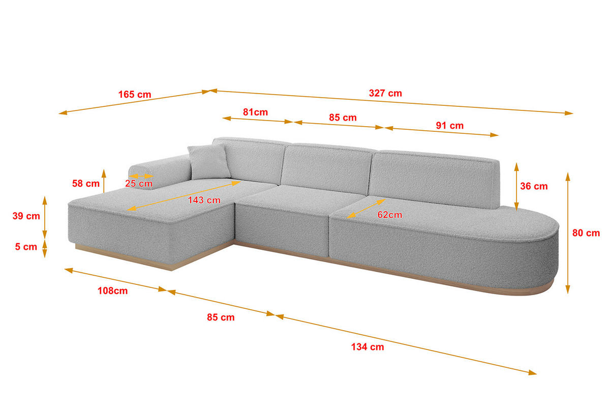 ECKSOFA Ottomane Links IREA-L2 - 327x165x80 cm Hellgrau - Hellgrau, Holzwerkstoff/Textil (327/165cm) - ALTDECOR