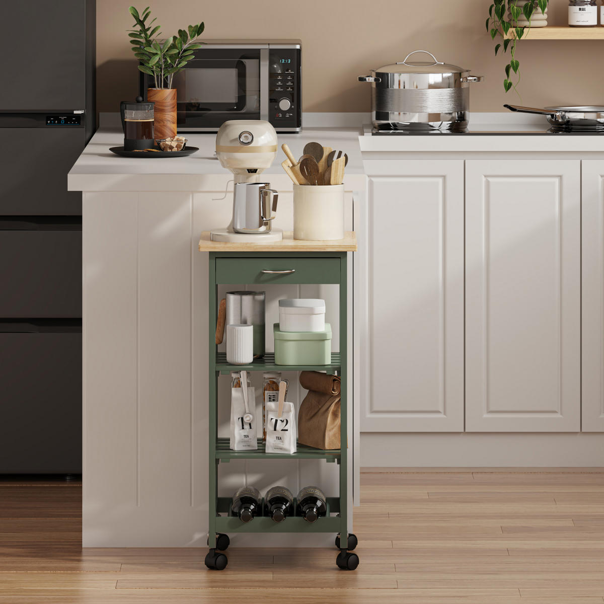 SERVIERWAGEN Biel - Grün, Holzwerkstoff (37/76/37cm) - [en.casa]