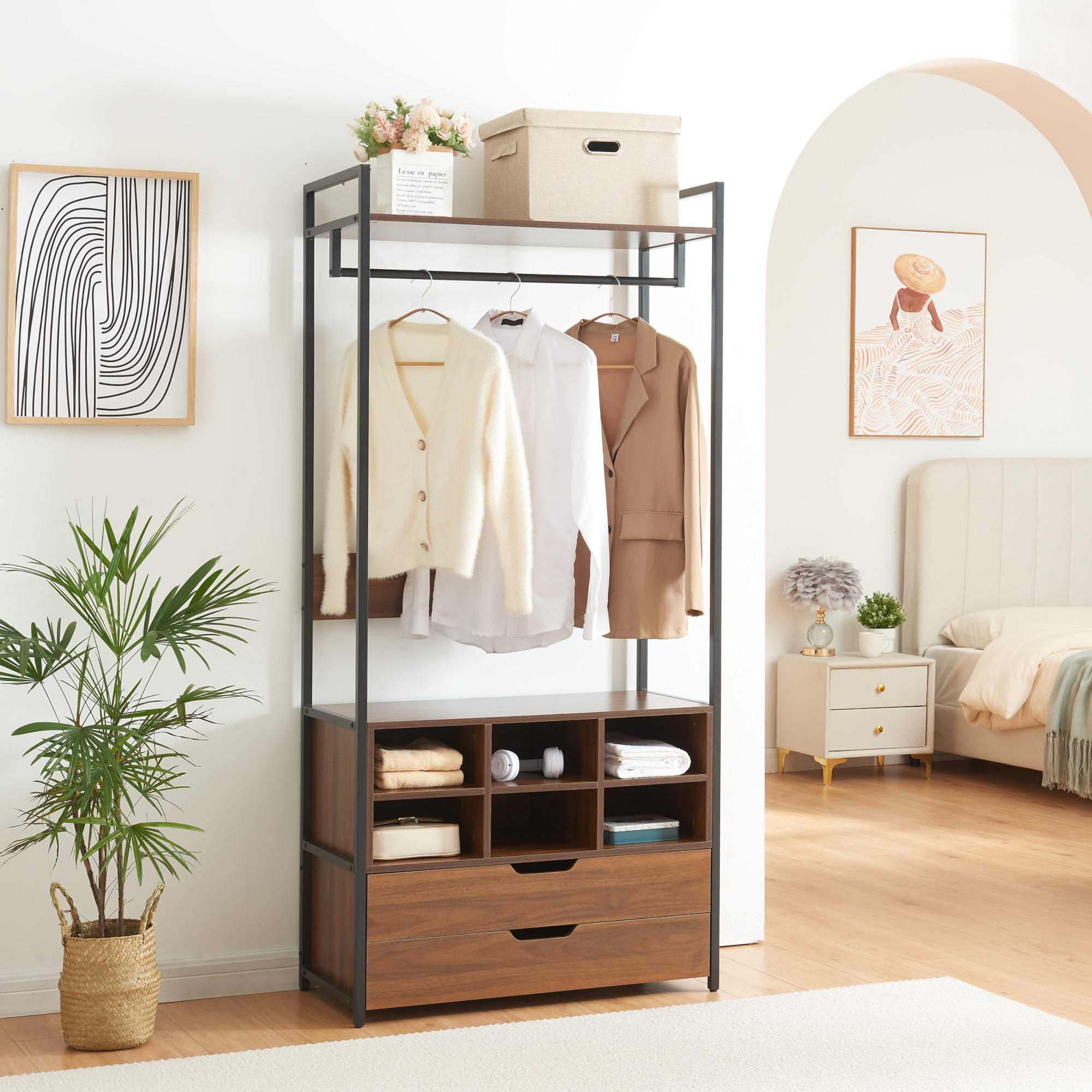 Thumbnail - [en.casa] Garderoben-Set, Walnuss, Schwarz, Holzwerkstoff, 2 Schubladen, einzeln stellbar, 252x180x40 cm, Garderobe, Gar...