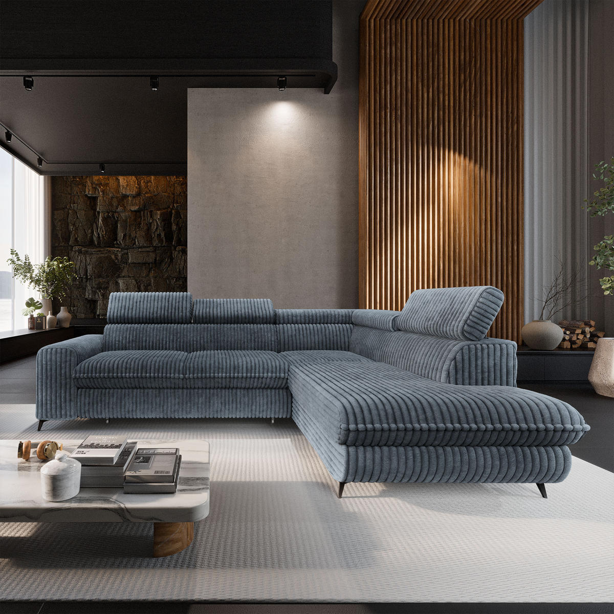 ECKSOFA VELISS Grau Kordstoff mit Schlaffunktion - Grau, Holz (255/193cm) - MASSENO