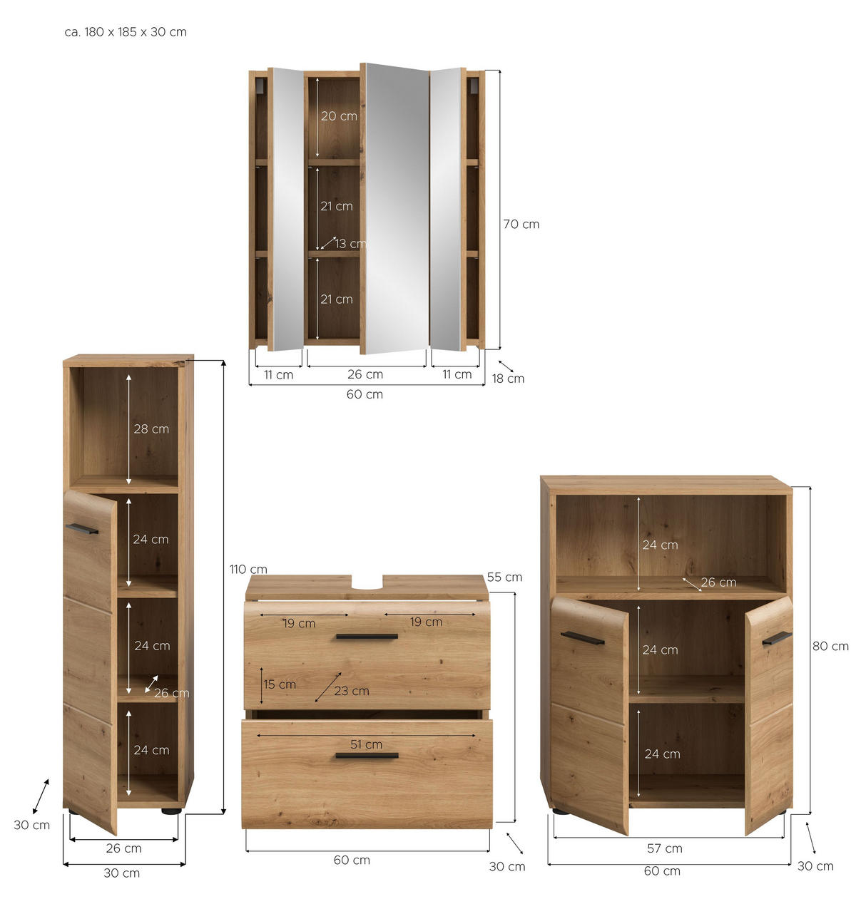 BAD-SET ICE 4-tlg. (B/H/T: ca. 180/185/30 cm) in Artisan Oak Nachbildung/Artisan Oak Nachbildung - Eiche Artisan, Holz (180/185/30cm)