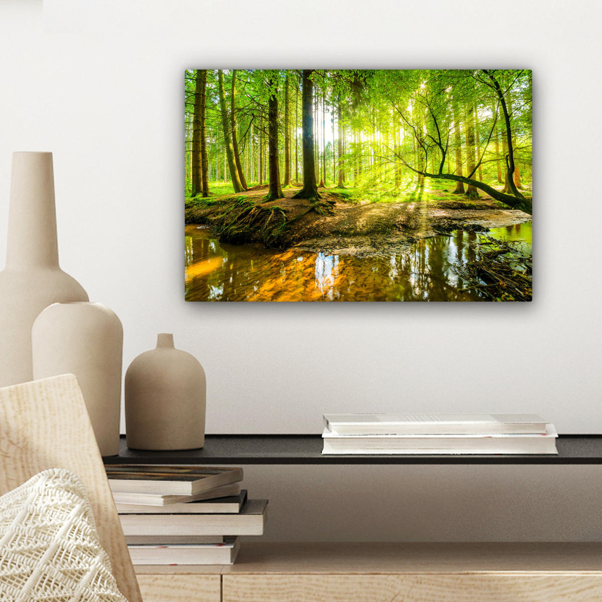 LEINWANDBILD Wald - Landschaft - Wasser - Bäume - Sonne - Grün - Natur 30x20 cm - Grün, Textil (30/20cm) - MuchoWow