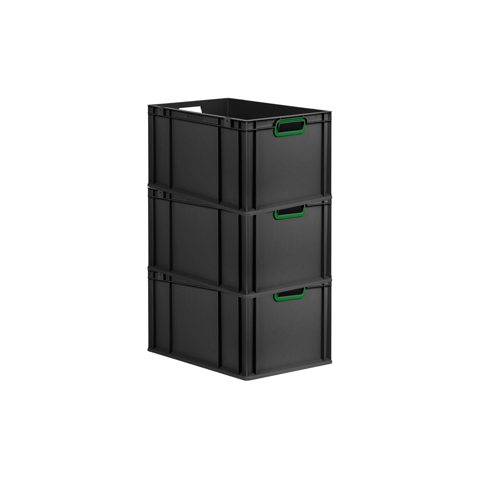 EUROBOX 3x NextGen Color 32x40x60 cm 65 Liter Griffe grün offen, Schwarz - Schwarz/Grün, Kunststoff (40/32/60cm) - PROREGAL