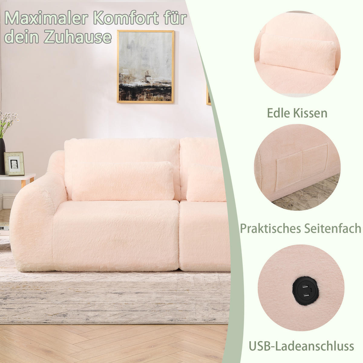 2-SITZER SOFA Kaninchenstil-Kunstfell Pink mit USB und Magazintasche - Rosa, Textil (208/81/101cm) - WISHDOR