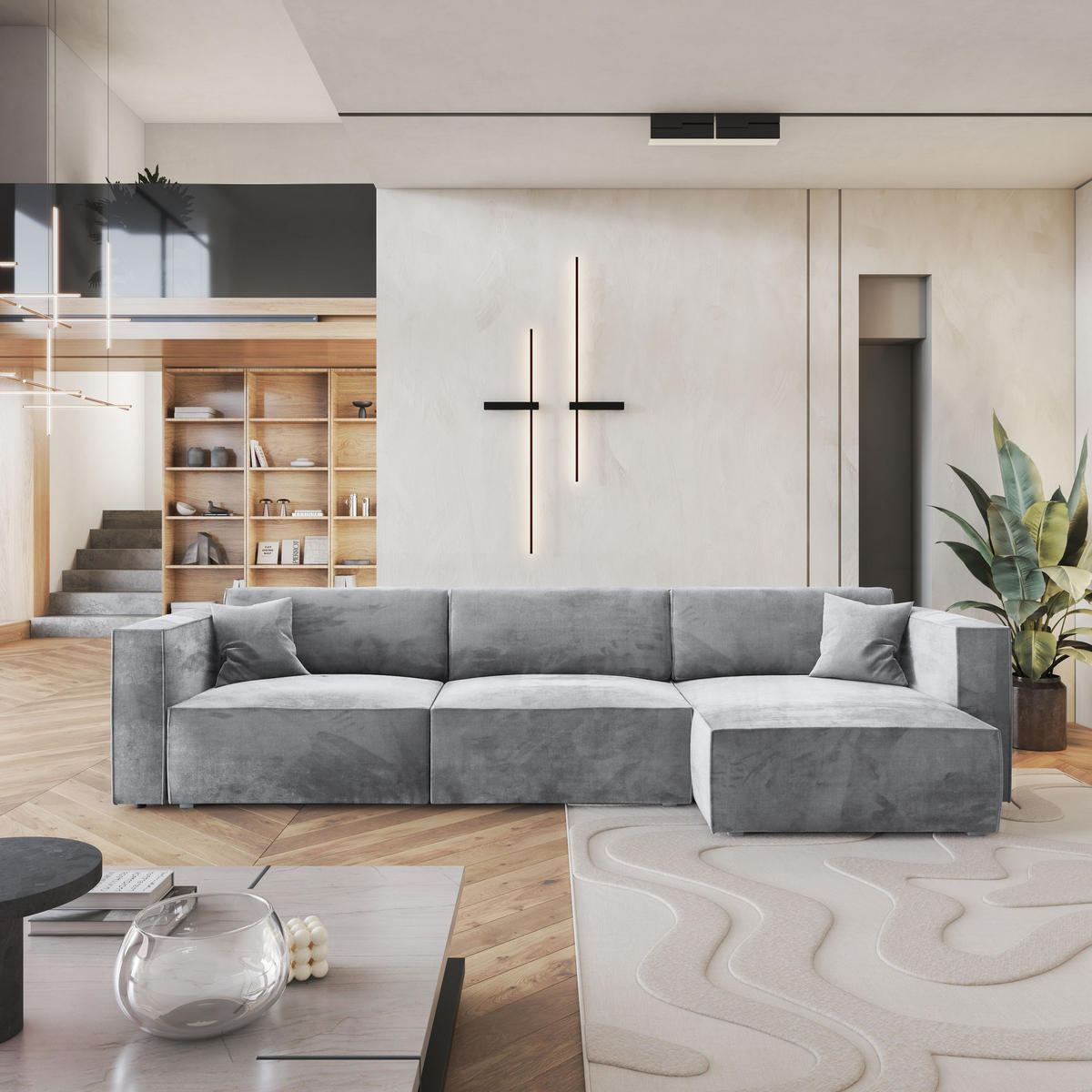 ECKSOFA TOLMO M Hellgrau Velours-Stoff mit Schlaffunktion - Hellgrau/Grau, Holz/Kunststoff (347/148cm) - MASSENO