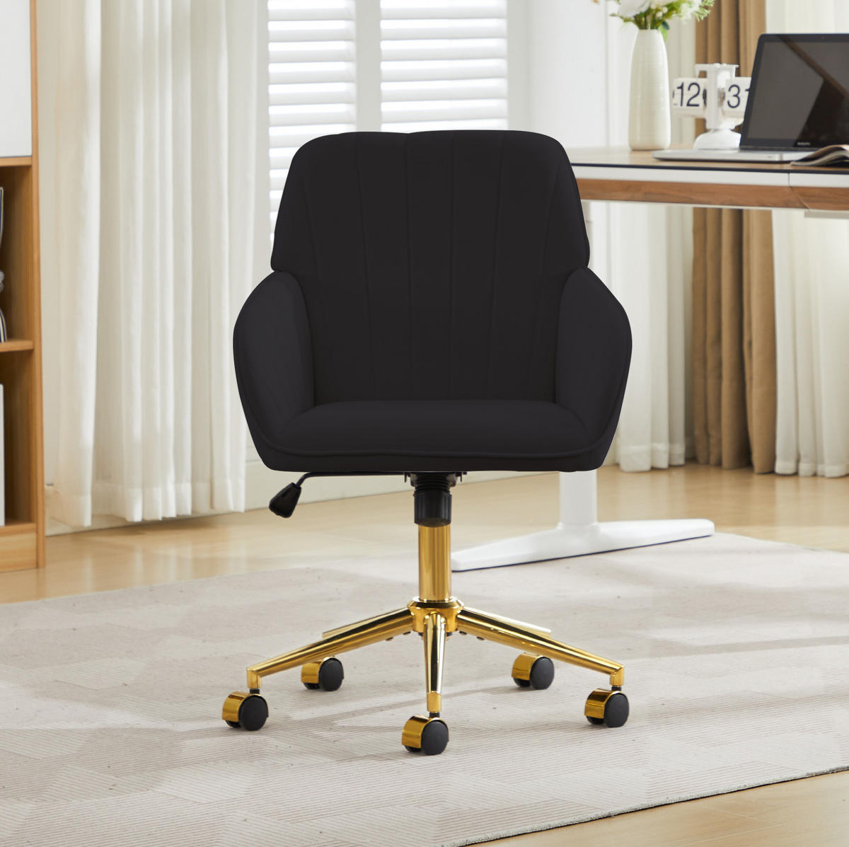DREHSTUHL Sitzhöhe 60/62/97 cm schwarz aus Samt mit Ergonomie - Schwarz, Textil (60/97/62cm) - OKWISH