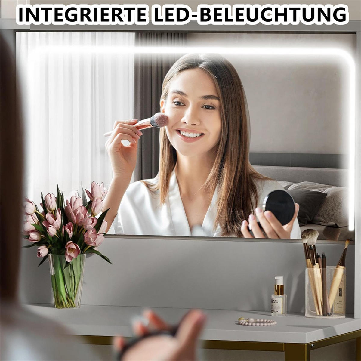 SCHMINKTISCH - Frisiertisch in L-Form mit LED-Beleuchtung - 5 Schubladen und Hocker - Weiß und Gold - Weiß, Holzwerkstoff (80/135/120cm) - DELFA