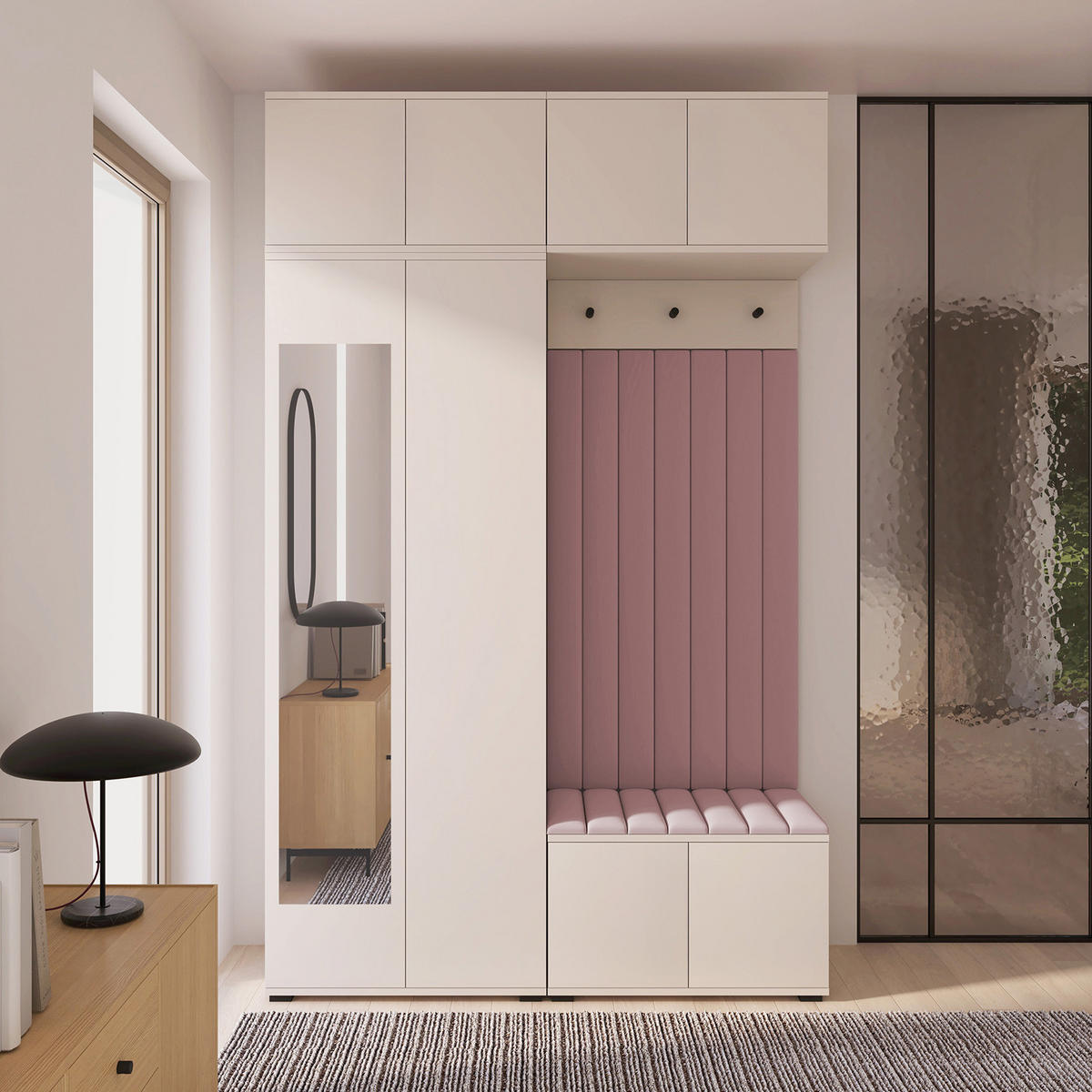 GARDEROBE Napoli version 11 mit Spiegel, mit POLSTERPANEELEN ROSA - Beige/Rosa, Holzwerkstoff (140/225/40cm) - Jerpax