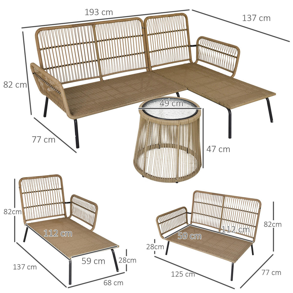 GARTENMÖBEL-SET mit Kissen, mit 1 Beistelltisch, für Garten, Terrasse, Stahl, Kaffee - Creme, Kunststoff - Outsunny