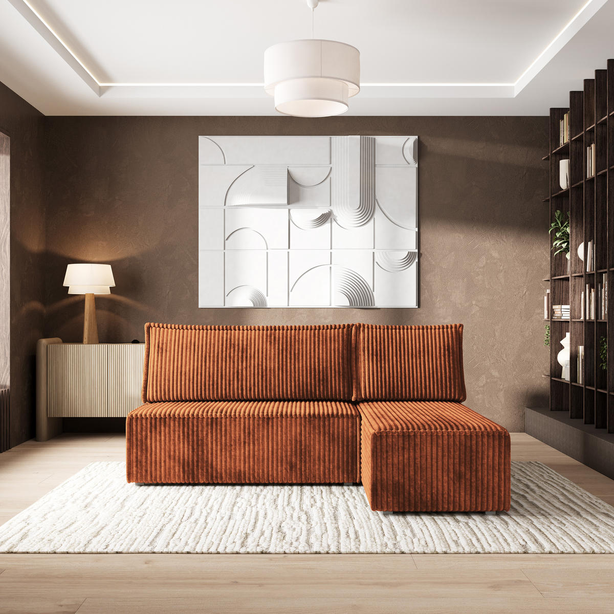 ECKSOFA BRISO T Braun Kordstoff mit Schlaffunktion - Braun/Grau, Holz/Kunststoff (200/140cm) - MASSENO