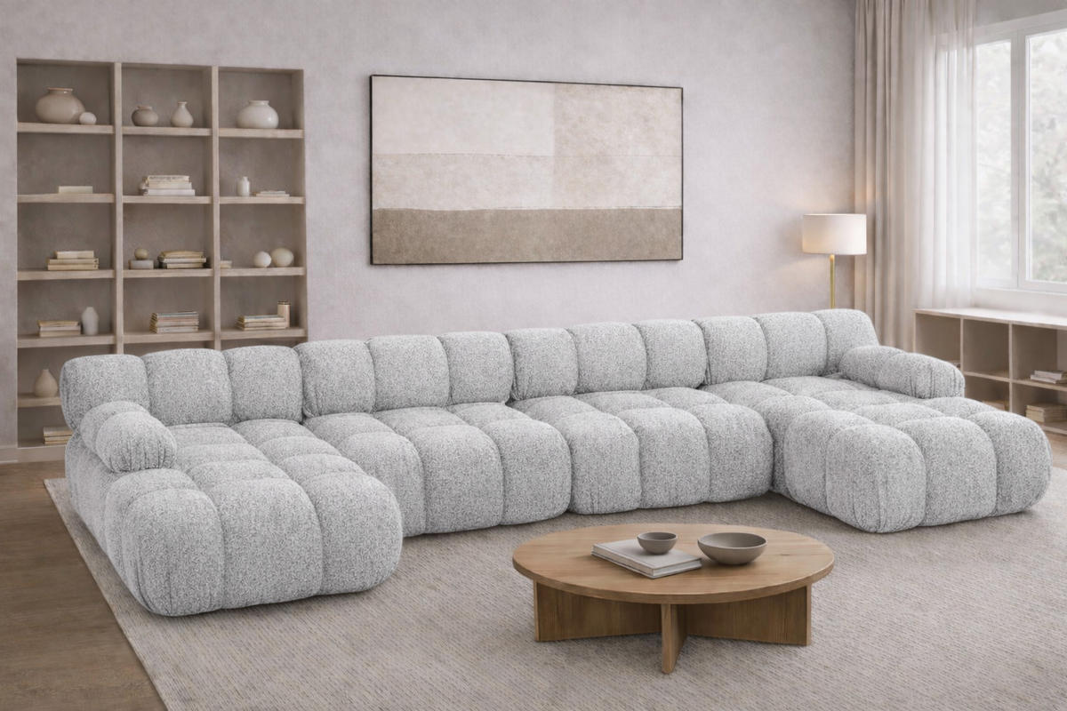 ECKSOFA U-Form XL, Stoff Bouclé Abriamo, Hellgrau, Selia U XL - Hellgrau, Holz (380/70/160cm) - Kaiser Möbel