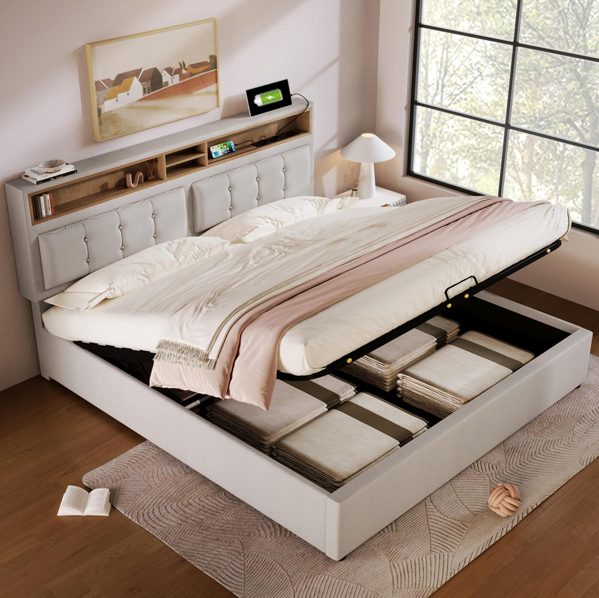 POLSTERBETT 160/200 cm mit Bettkasten, USB-C und verstellbarem Kopfteil - Beige, Textil (160/200cm) - BEAOK