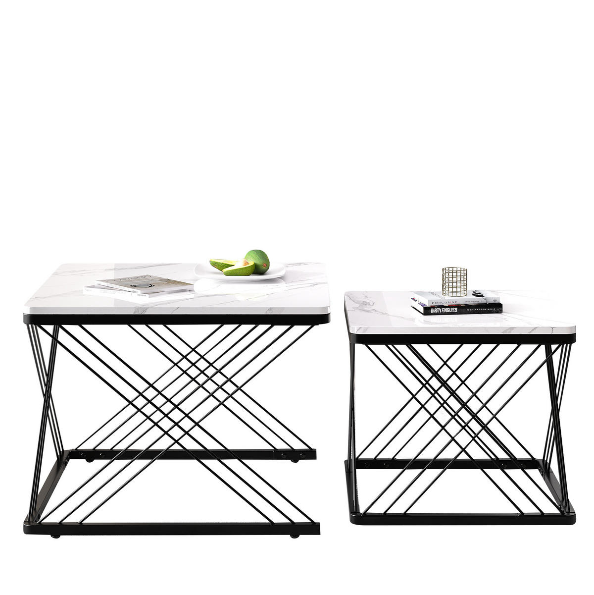 COUCHTISCH-SET aus MDF 60x60x45 cm Schwarz-Weiß in Hochglanz-Marmoroptik, 2-teilig - Schwarz, Holzwerkstoff (60/60/45cm) - IVMEU