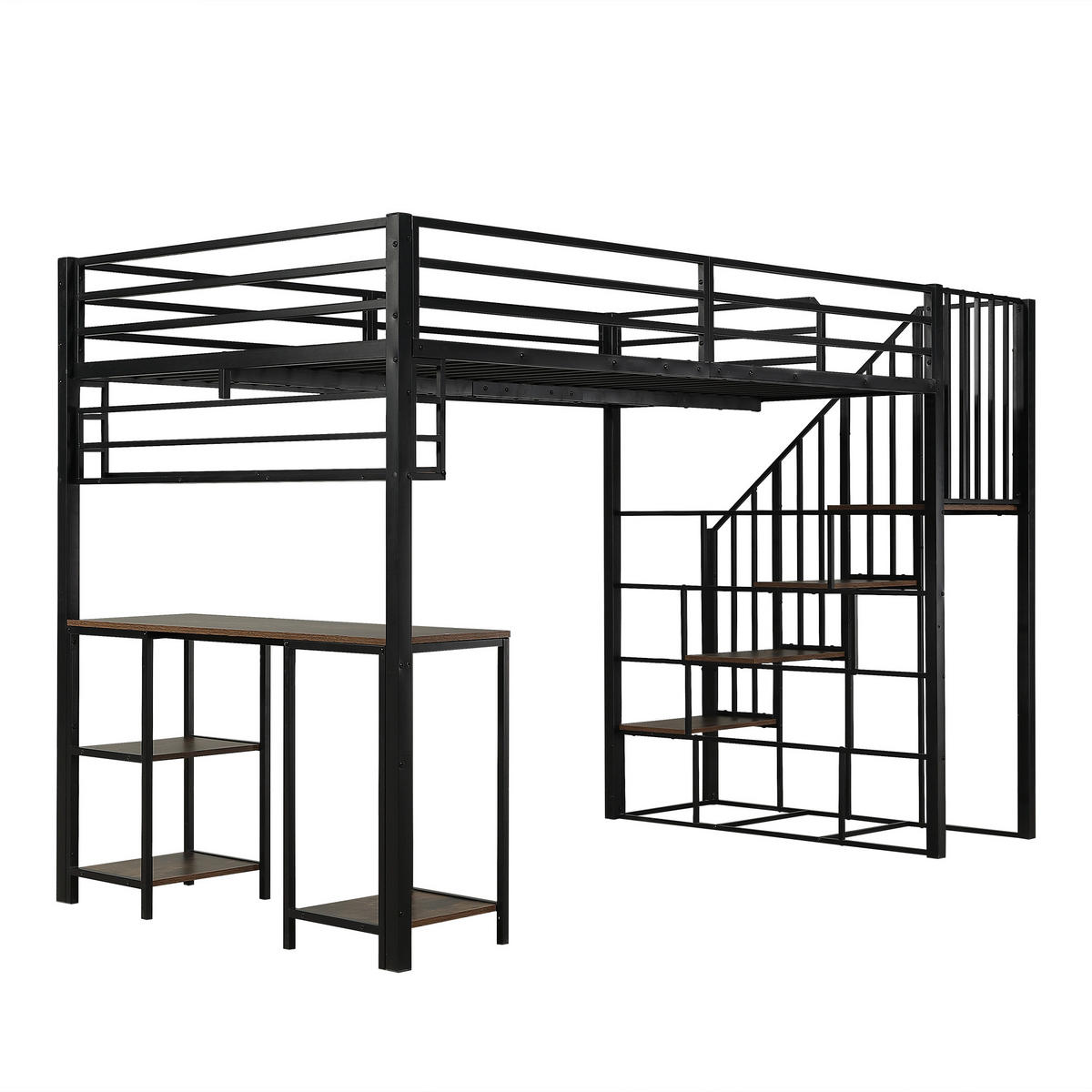 HOCHBETT 120/200 cm DE-02358, in Schwarz, mit Treppe, Schreibtisch und Aufbewahrungsregal - Walnussfarben/Schwarz, Holzwerkstoff/Metall (120/200cm) - ComfortXL