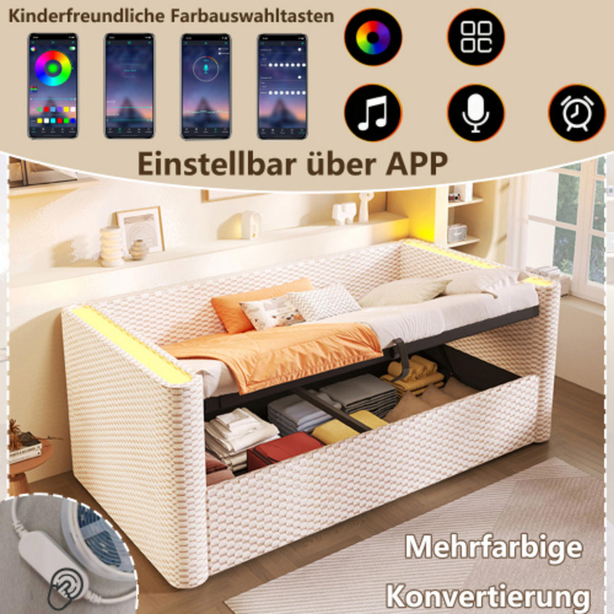 SCHLAFSOFA 90 × 200 cm aus Samt mit hydraulischem Stauraum und App-steuerbarer LED-Leiste, beige - Beige, Textil (104/64/228cm) - Luhomfu