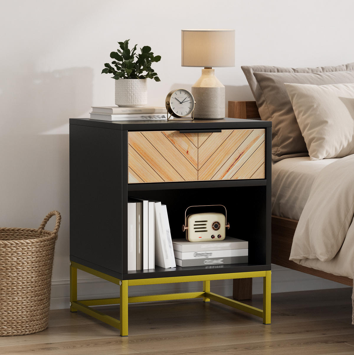 NACHTTISCH 43/40/55 cm Schwarz/Natur aus MDF mit Schublade - Hellbraun, Holzwerkstoff (40/55/43cm) - OKWISH