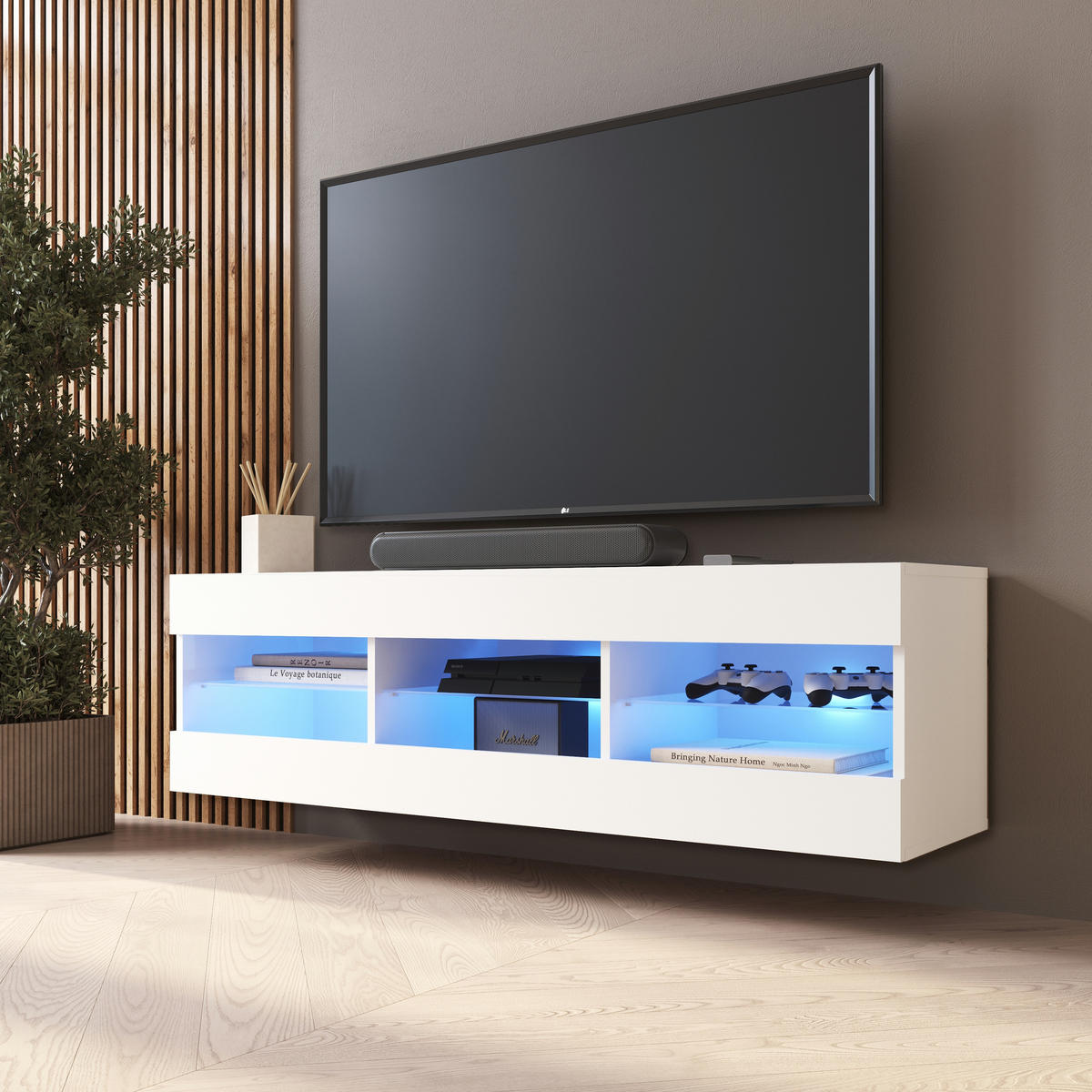 LOWBOARD TIVOLI RTV 140, Weiss, LED Blau - Weiß, Glas/Holzwerkstoff (140/40.5/35.5cm) - Komodee