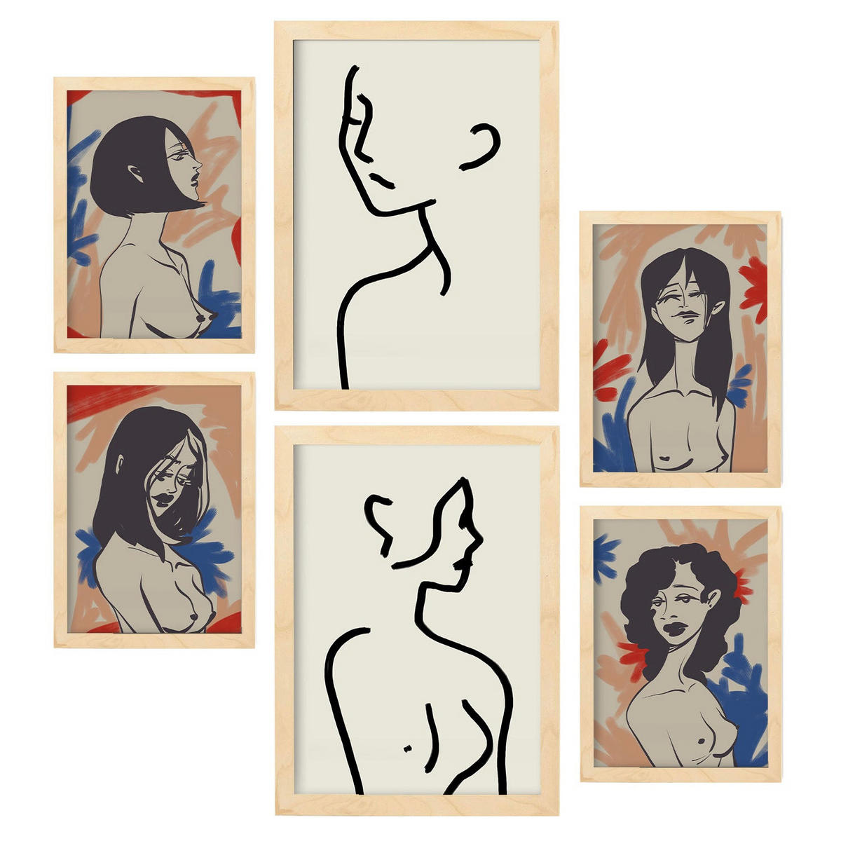 POSTER Set Mit 6 Körperkörper In Weibliche Zusammenfassung A3 & A4 Rahmen Aus Hellem Holz - Beige, Papier (29/3cm) - Nacnic
