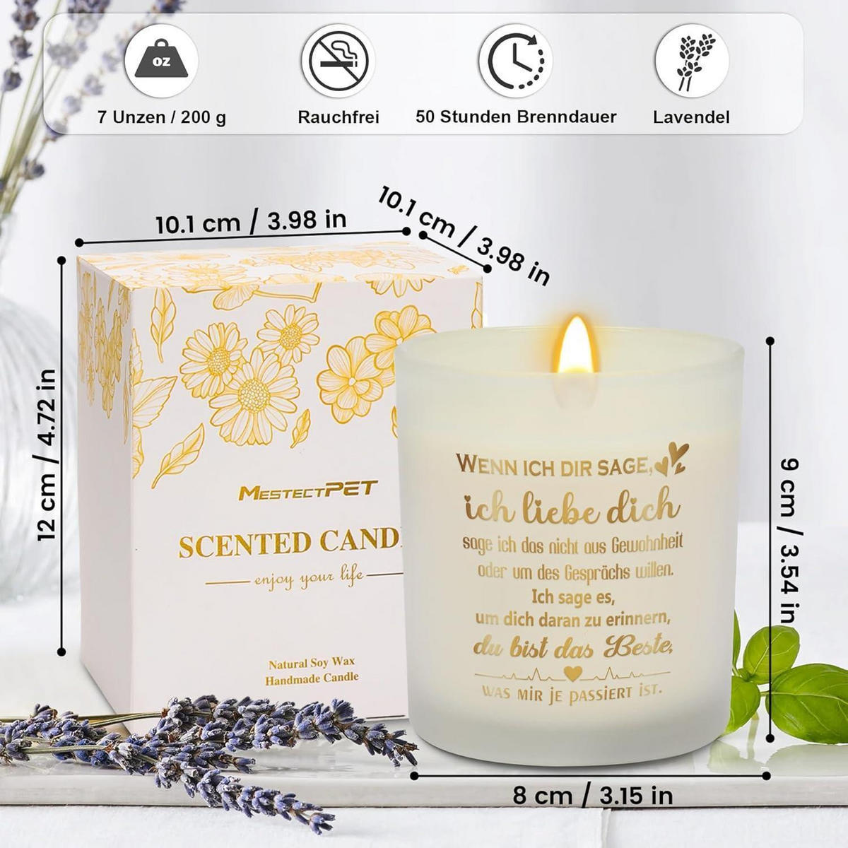 DUFTKERZE Lavendel "Ich liebe dich" Weiß 50 Stunden Brenndauer - Weiß, Paraffin (9cm)