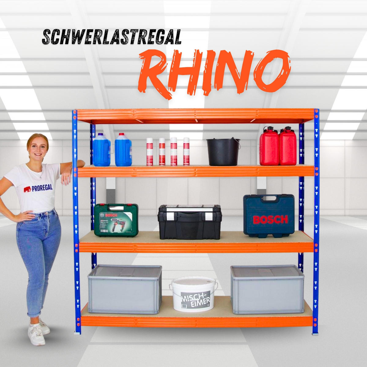 SCHWERLASTREGAL Rhino 180x200x60 cm 4 Spanplatten-Ebenen 16mm Fachlast 500 kg Blau/Orange - Blau/Orange, Metall (200/180/60cm) - PROREGAL
