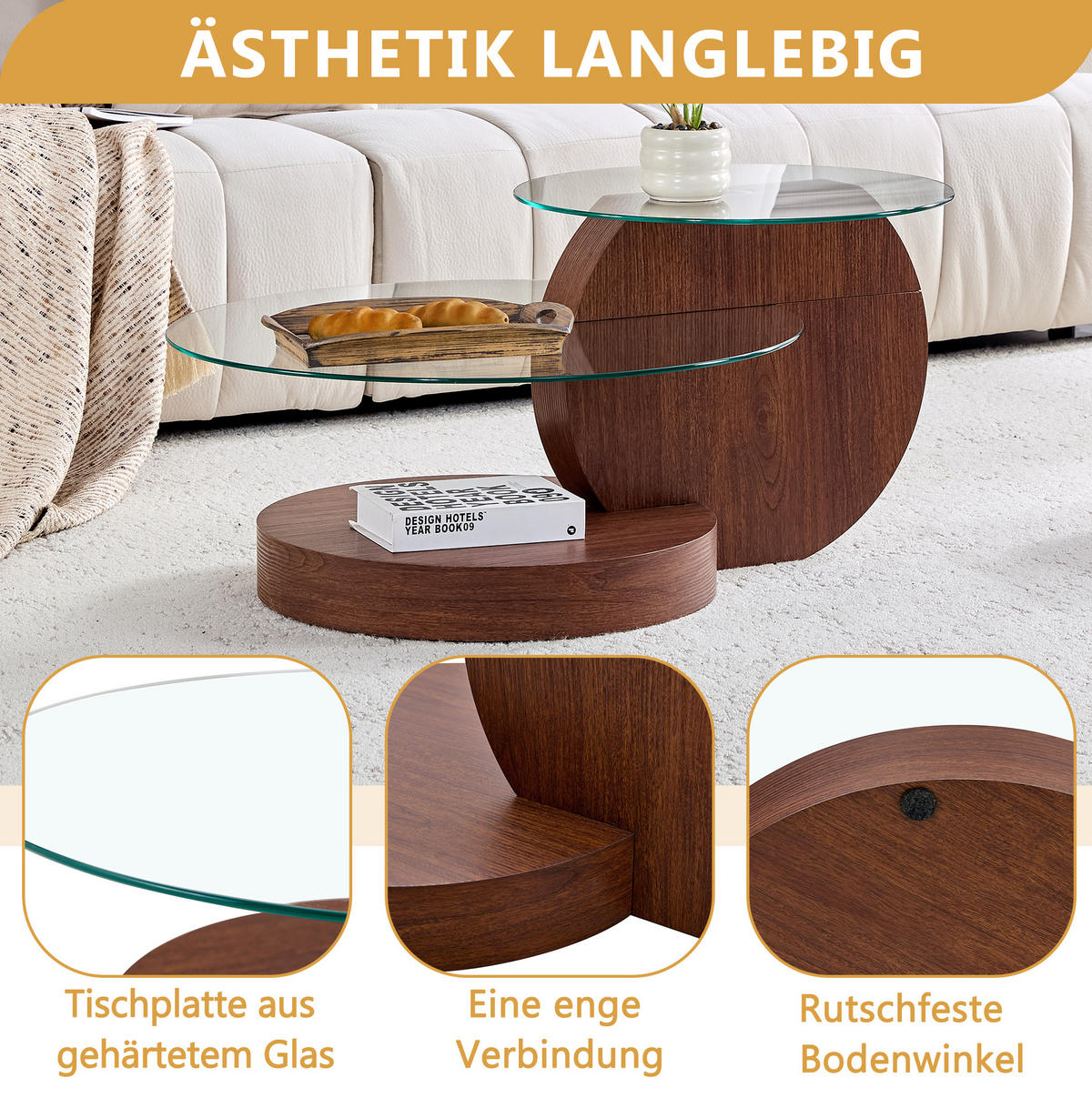 COUCHTISCH aus MDF und Glas Ø50/70 cm in Walnuss mit Ablage - Walnussfarben, Glas (90/90/44cm) - Modfu
