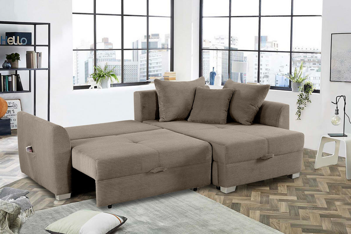 ECKSOFA mit Schlaffunktion und Bettkasten, seitenverkehrt montierbar B236/T160/H81 cm, Liegefl. 142x202 cm, Cord Braun Taupe / 15208 - Taupe/Chromfarben, Kunststoff/Textil (236/160cm) - luma-home