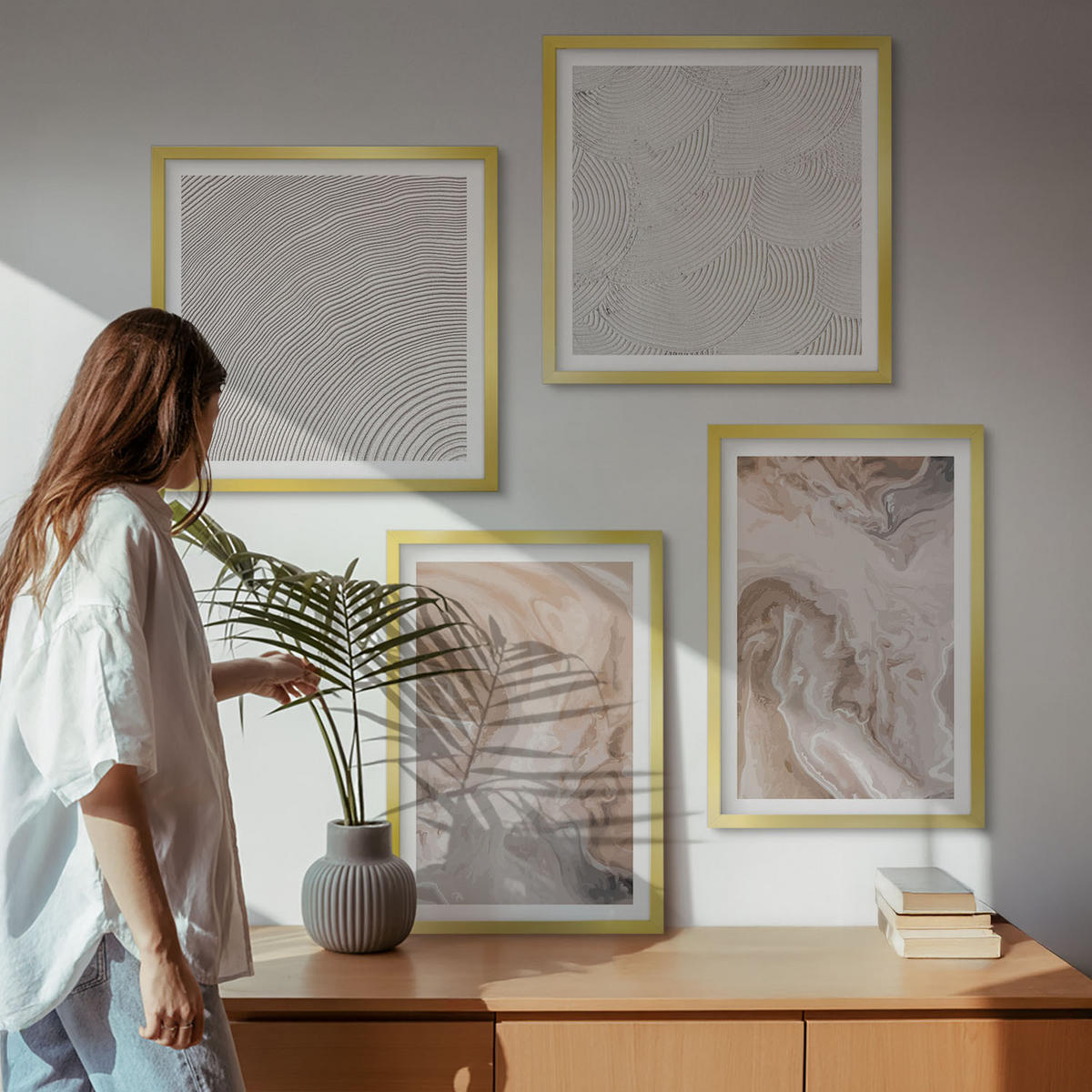 WANDBILDER 4er Set - 50x50 cm & 40x60 cm Goldrahmen - Marmorstein-Texturmuster - Goldfarben, Kunststoff (50/50cm) - ArtPrintCave