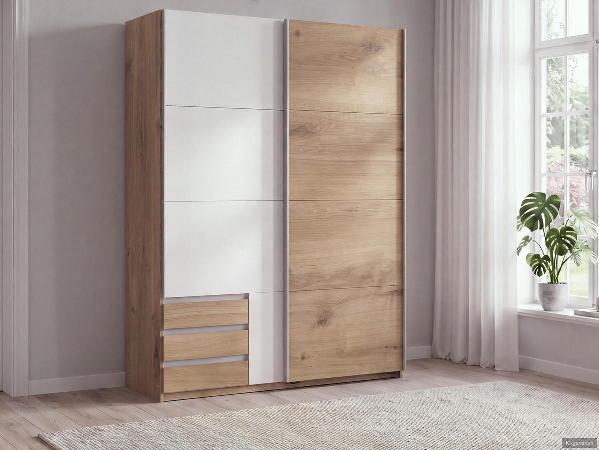 SCHWEBETÜRENSCHRANK 2-türig B135/H198/T65 cm, Kleiderschrank mit sichtbaren Schubkästen in Eiche Dekor, 1x Tür in Weiß / 22663 - Eichefarben/Alufarben, Holz/Holzwerkstoff (135/198/65cm) - luma-home