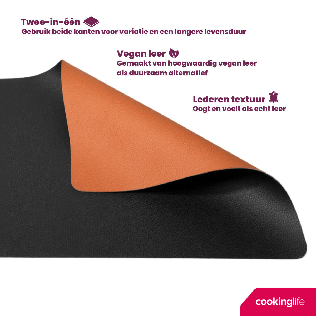 TISCHSET s - Doppelseitig - Veganes Leder - Cognac / Schwarz 46 x 33 cm - 6 Stück - Braun, Kunststoff (33/46cm) - Cookinglife