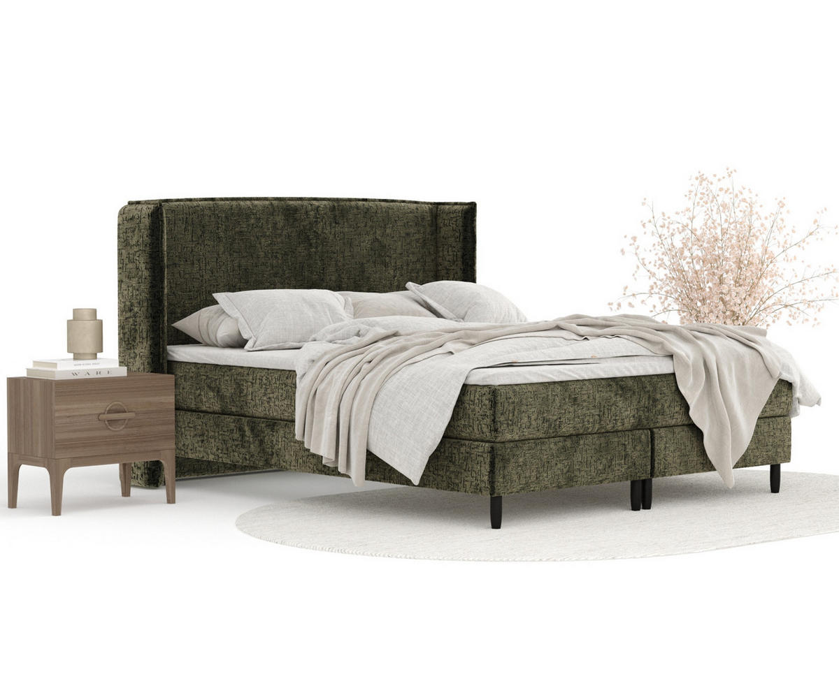 KONTINENTALBETT Ardis Olivenfarbe 140/200 cm mit Matratze und Topper - Schwarz/Olivgrün, Holz/Holzwerkstoff (140/200cm) - Maison de Reve