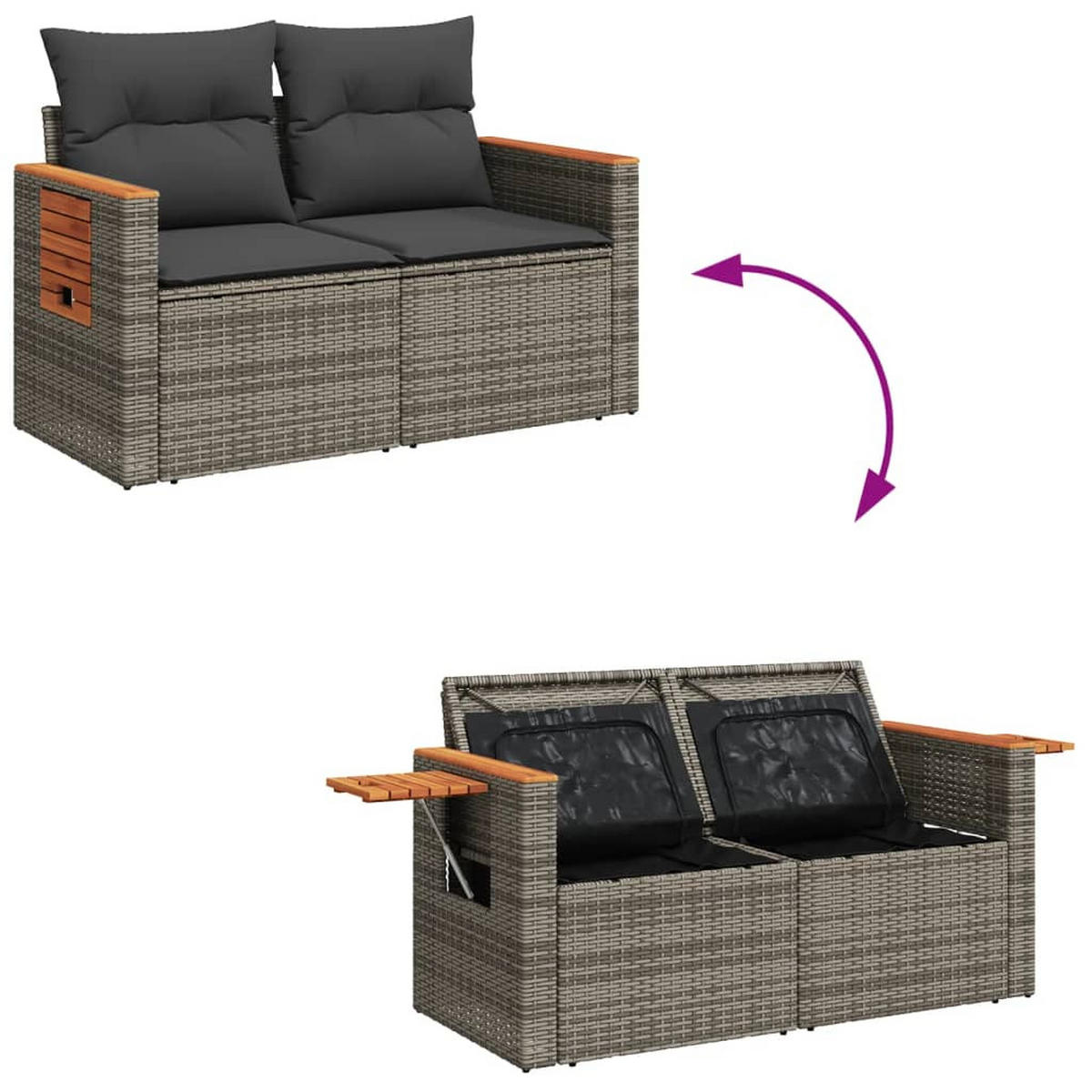 LOUNGESOFA mit Beistelltisch und Stauraum, 124/62/69 cm, aus Poly Rattan, Grau und Schwarz - Grau, Kunststoff (62/69/124cm) - vidaXL