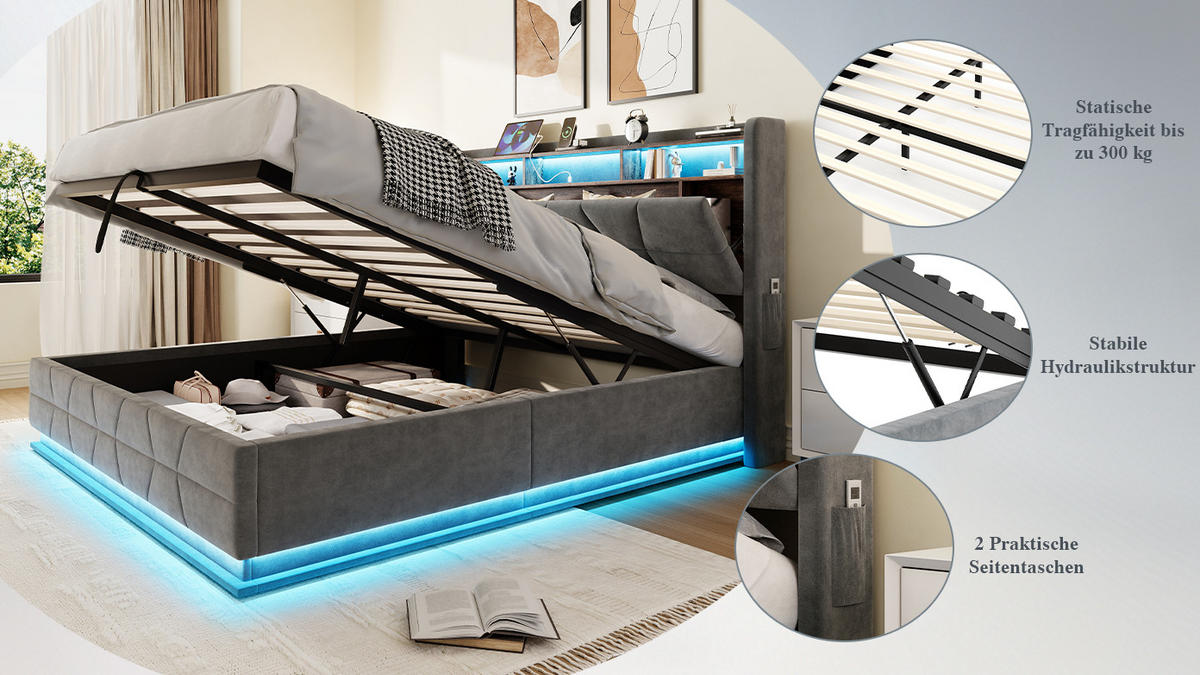 POLSTERBETT 160x200 cm LED USB Stauraum grau - Dunkelgrau, Textil (160/200cm) - LEBENLANG
