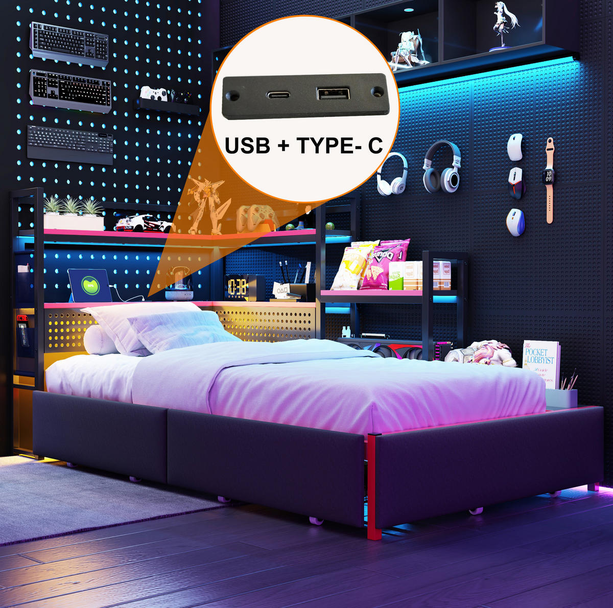 KOVOVÁ postel 90/200 cm s LED osvětlením, USB porty a úložným prostorem, černá - černá, kov (90/200cm) - Redom