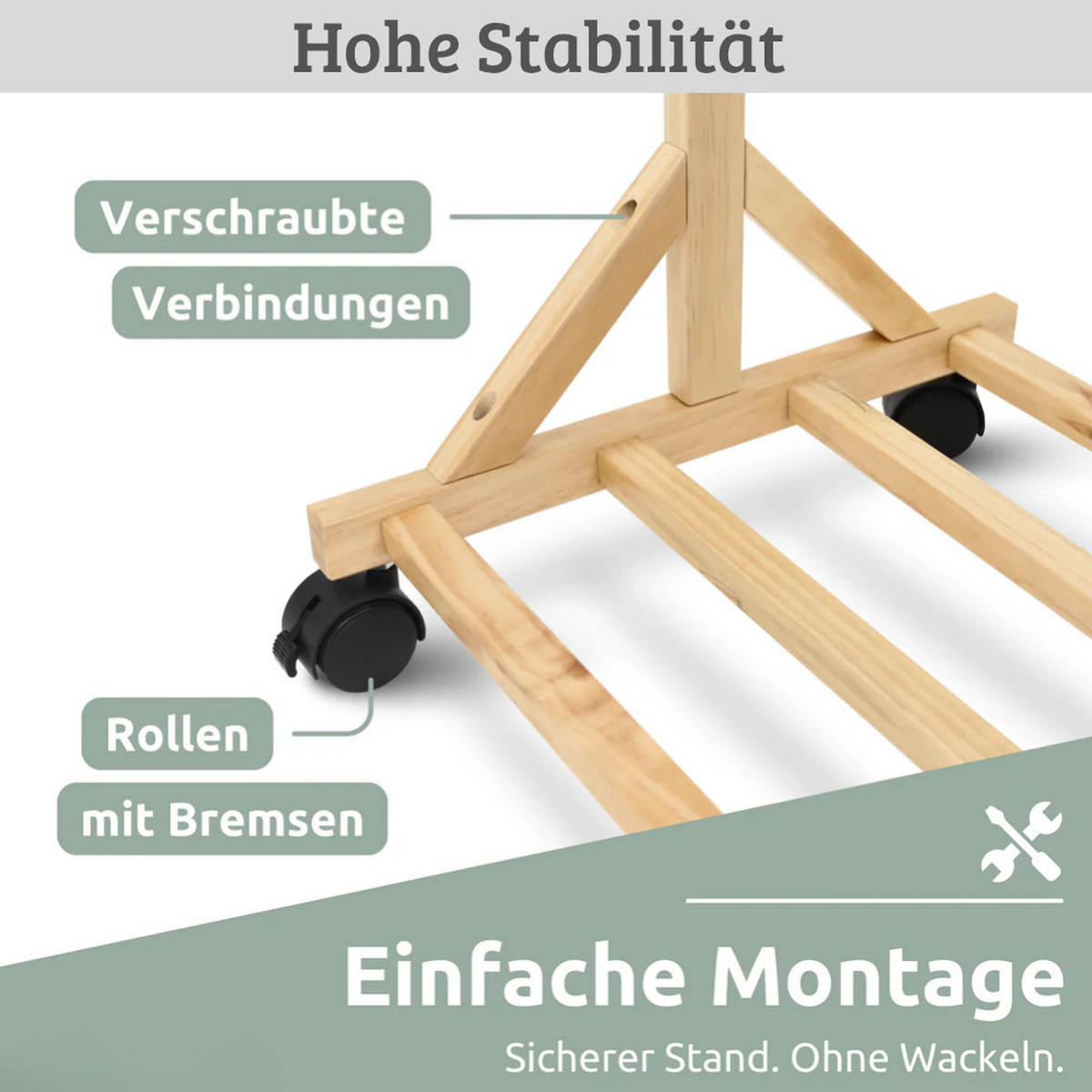 GARDEROBE mit Rollen SEMU Massivholz 6 Haken - Braun, Holz (100/155/35cm) - DELUKE