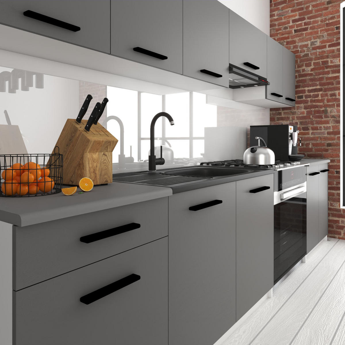 KÜCHENZEILE Italia 2 240 cm, mit Arbeitsplatten, Grau - Grau, Holz (240/143/60cm) - B BELINI GROUP