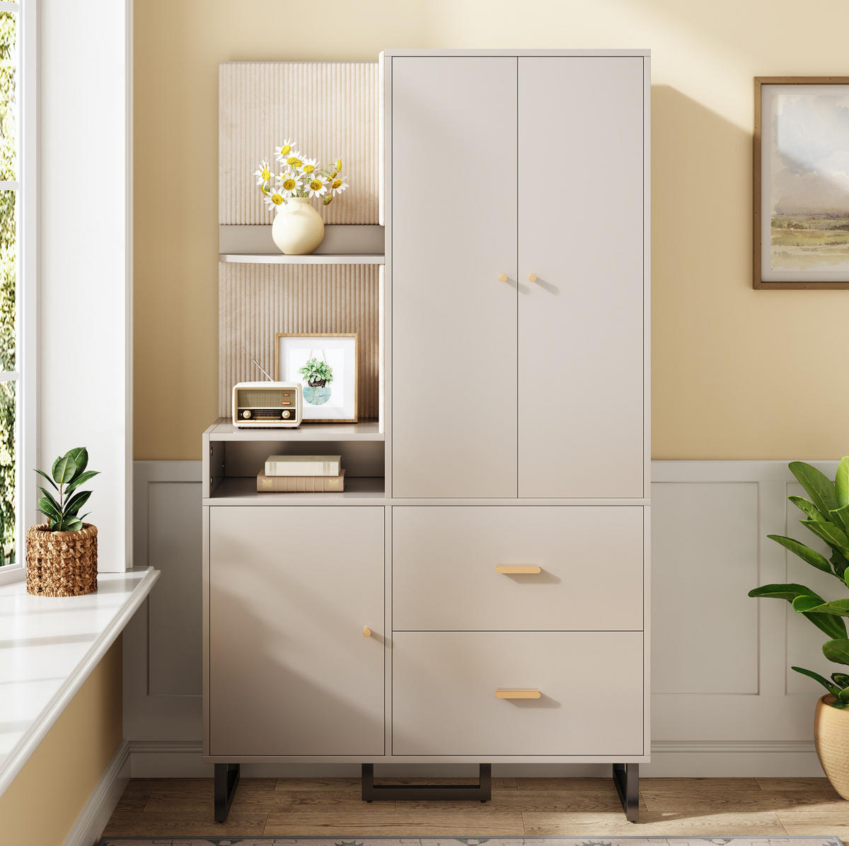 STANDGARDEROBE 110/38/186 cm mit Kleiderstange, Schubladen und Schrank in Graubeige - Beige, Holzwerkstoff (110/186/38cm) - BEAOK