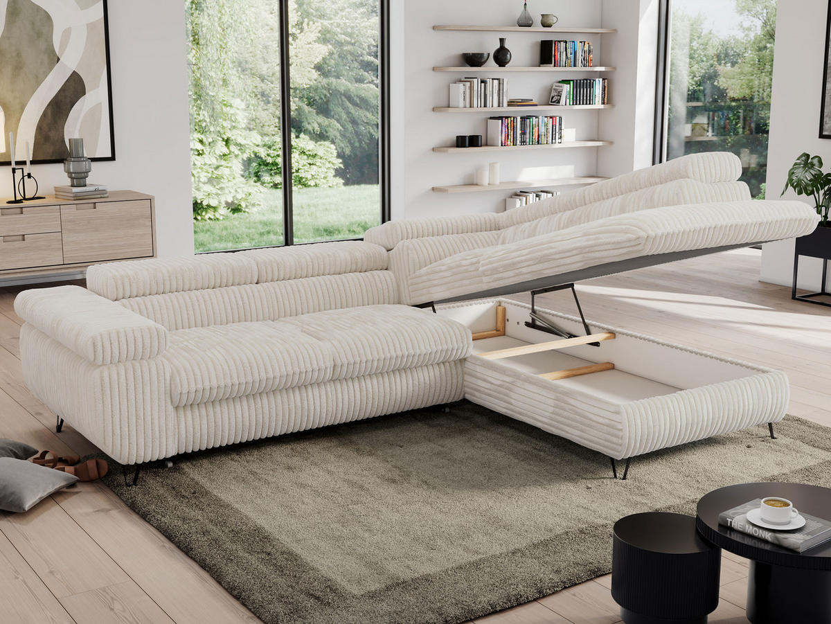 ECKSOFA PEDRO L Beige Cord - Rechts Seite - Beige/Schwarz, Textil/Metall (273/208cm) - MKS