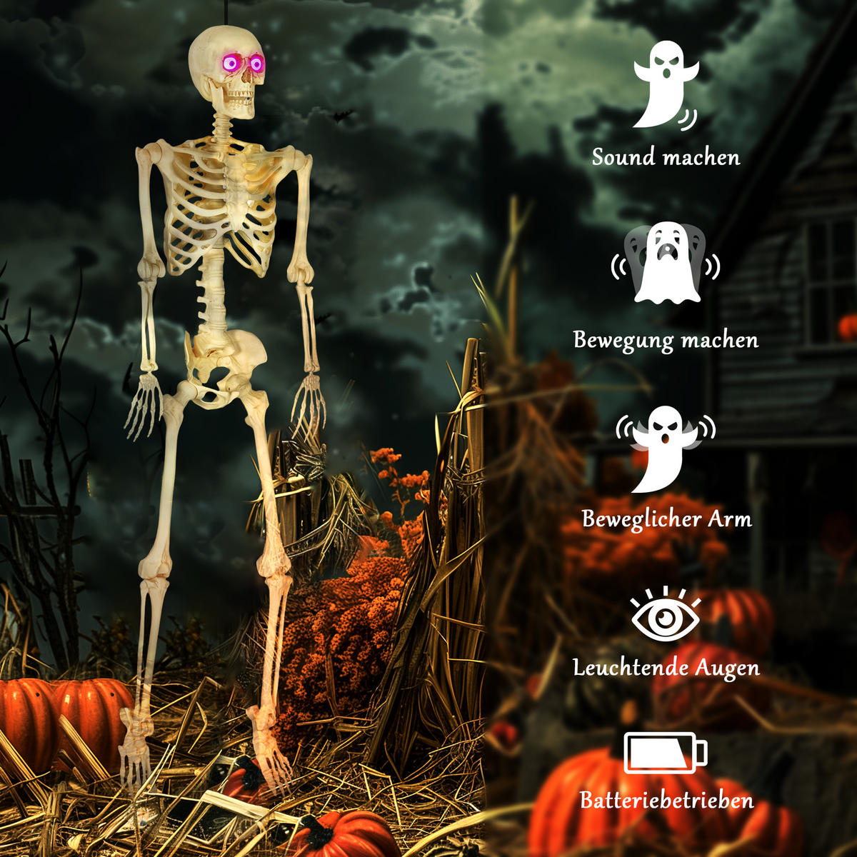 HALLOWEEN-DEKORATION Skelett 152 cm bewegliche Gelenke Beleuchtung - Gelb, Metall (17/152/47cm) - Outsunny