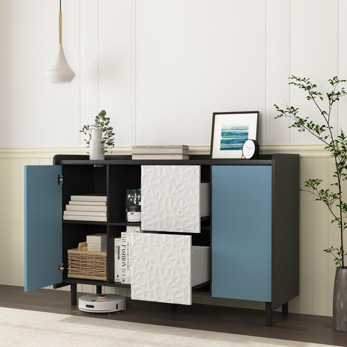 SIDEBOARD 120/40/80 cm Schwarz/Blau aus MDF mit 2 Schubladen - Schwarz, Holzwerkstoff (40/80/120cm) - OKMYHOME