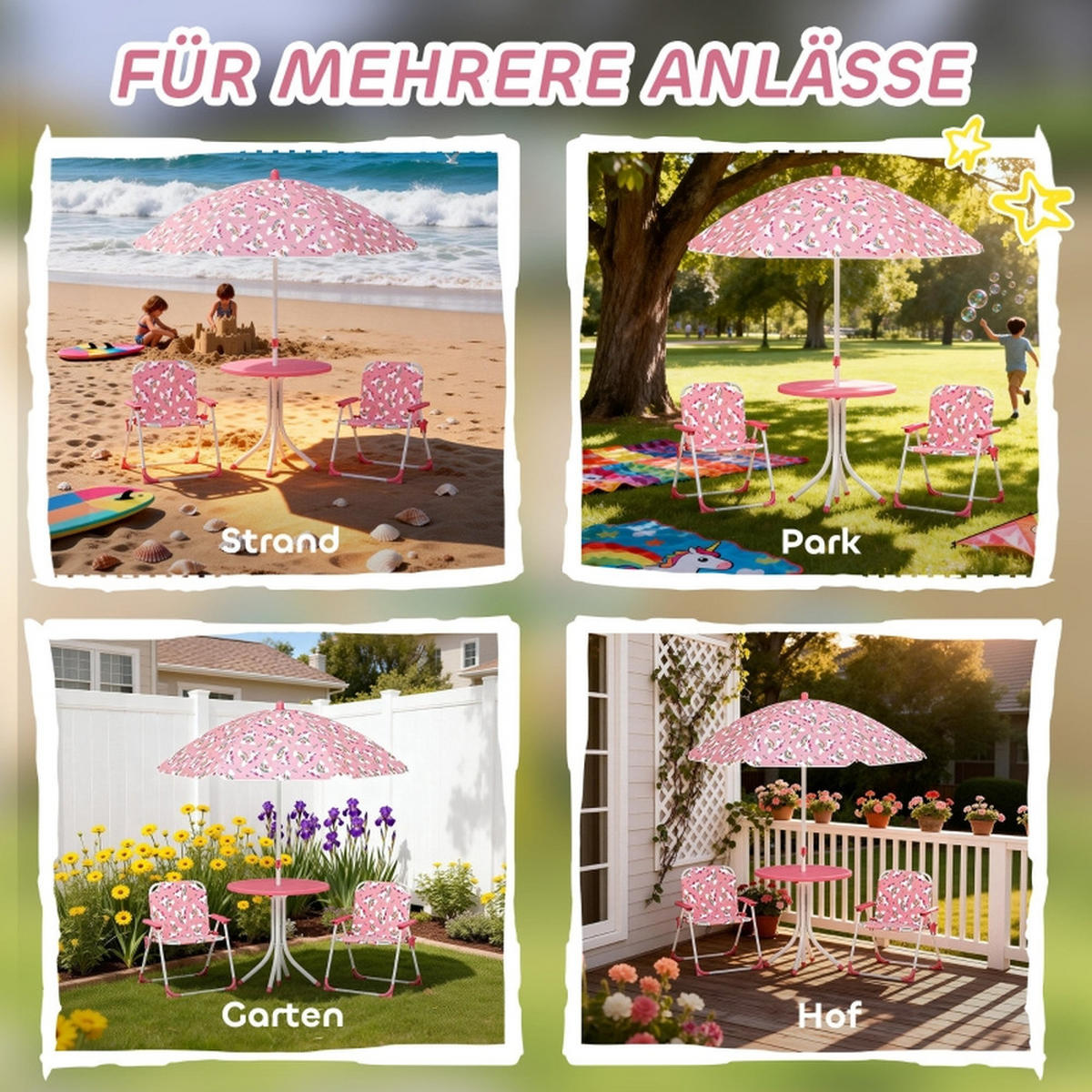 KINDER-GARTENMÖBEL 4-tlg Kindersitzgruppe Rosa mit Sonnenschirm Kindertisch und 2 Klappstühle - Rosa, Textil - Raelunyi