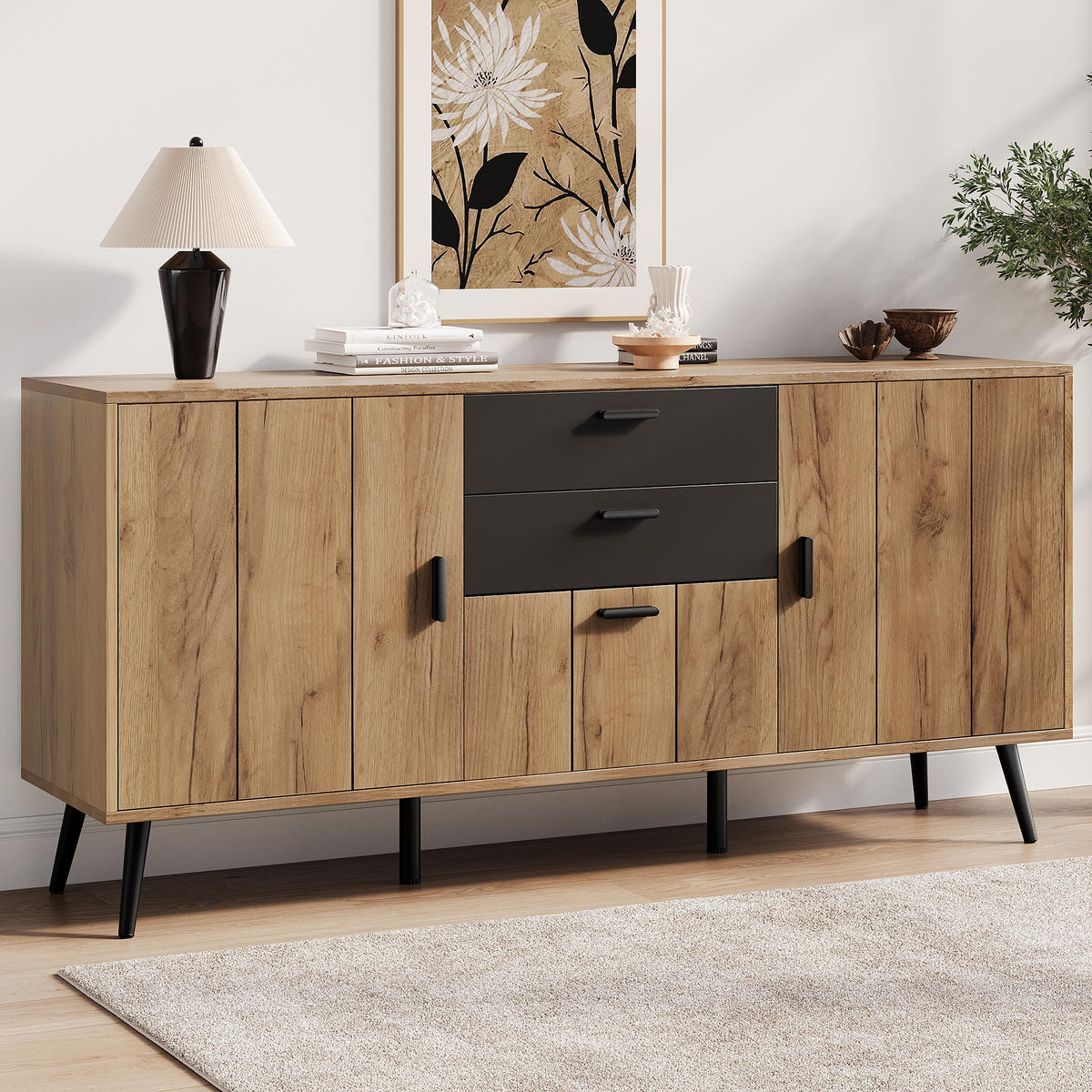 KUCHYŇSKÁ SKŘÍŇ v černé a přírodní barvě se 2 zásuvkami a 3 dvířky do obývacího pokoje, 140×35×67 cm - přírodní/černá, kompozitní dřevo (140/67/35cm) - STILVORA