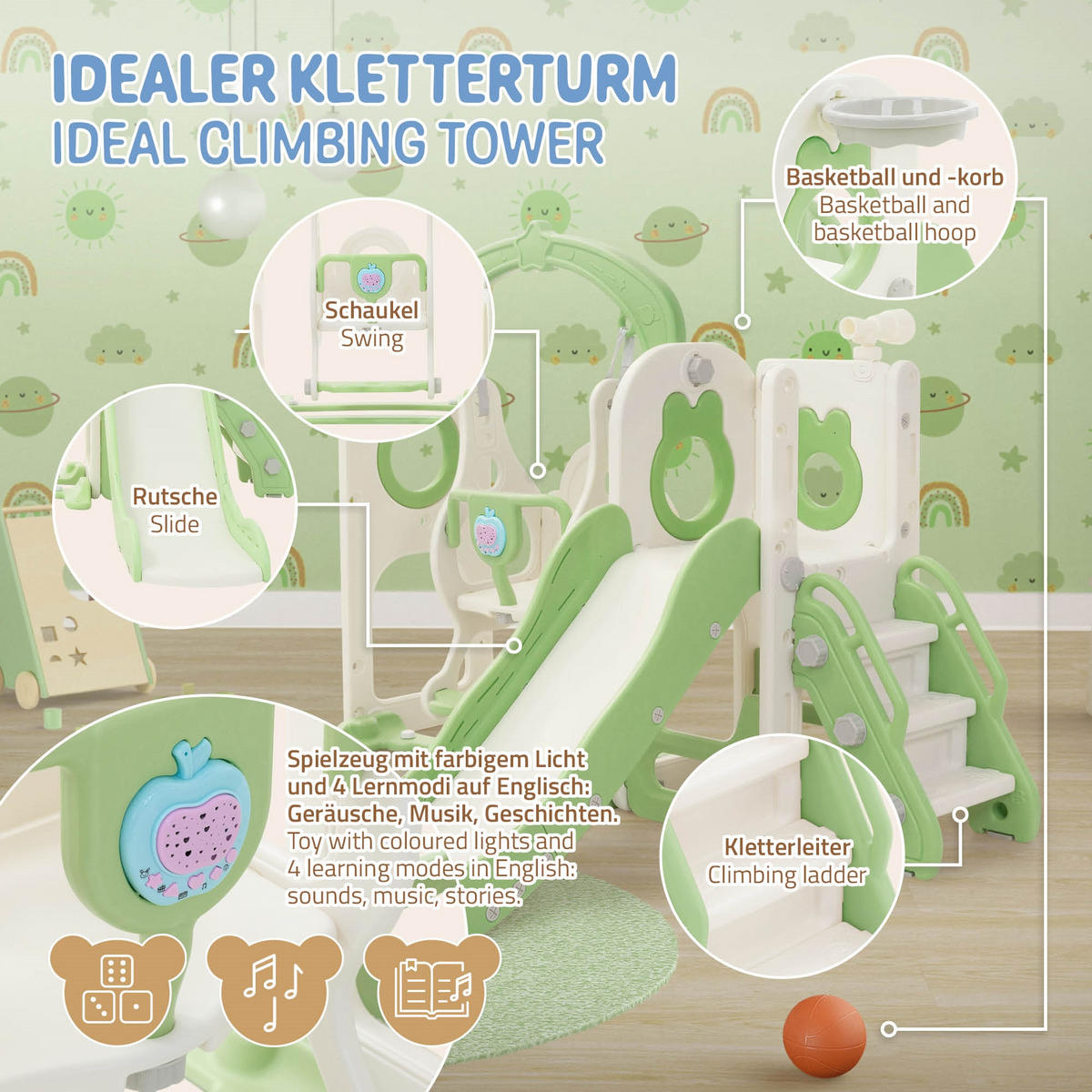 DĚTSKÁ skluzavka s houpačkou a basketbalovým košem, světle zelená, z plastu - zelená barva, plast (122/105/176cm) - Joyz