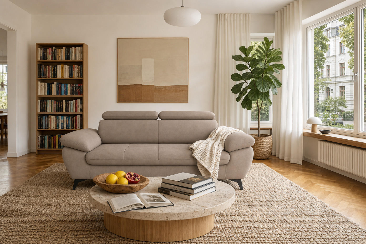 3-SITZER Karlstad Flachgewebe Braun verstell. Kopfstützen B 215 cm - Cappuccino, Kunststoff/Textil (215/84/100cm) - foamnova