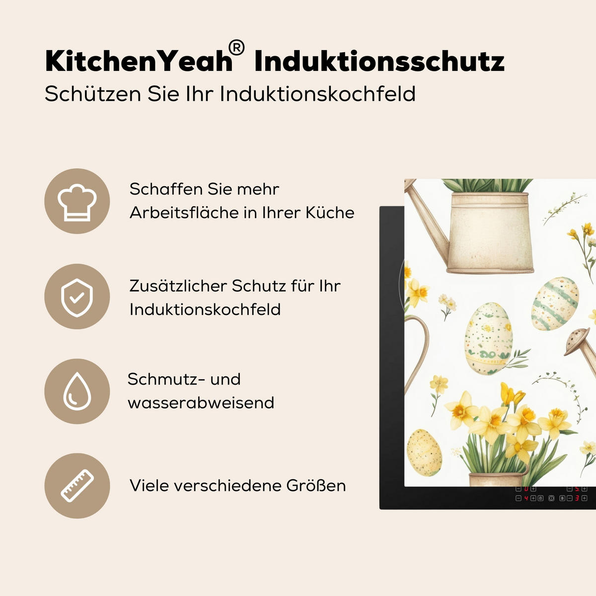 HERDABDECKPLATTE Gießkanne - Blumen - Eier Induktionsschutz 91.6x52.7 cm - Weiß, Kunststoff (91.6/52.7/0.2cm) - MuchoWow