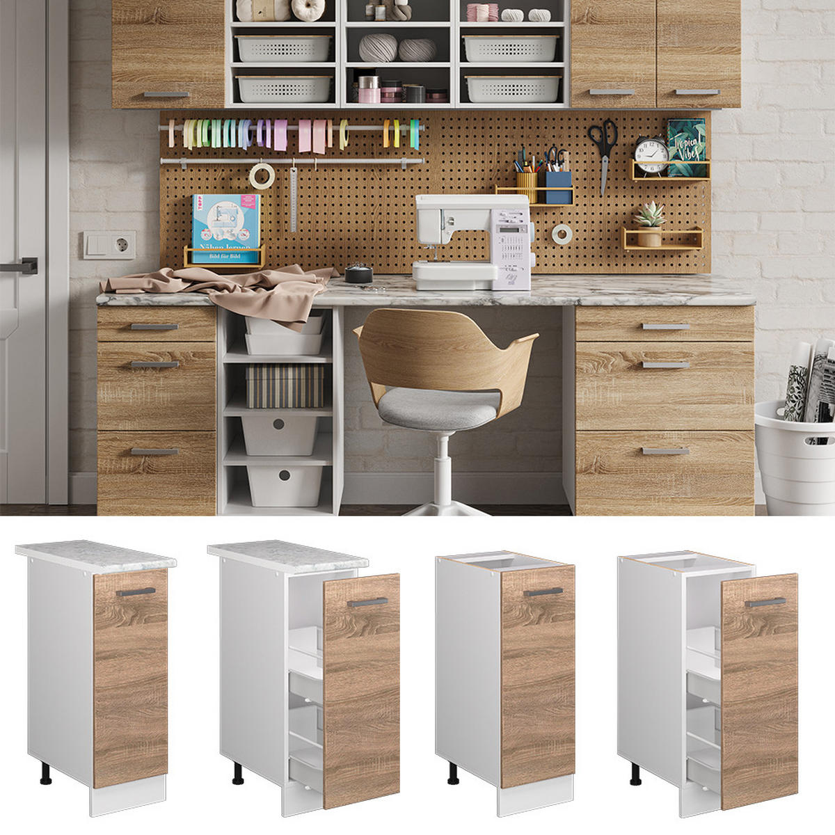 UNTERSCHRANK R-Line Sonoma 30 cm mit Tür, ohne AP - Weiß/Sonoma Eiche, Holzwerkstoff (30/81.6/46cm) - Vicco