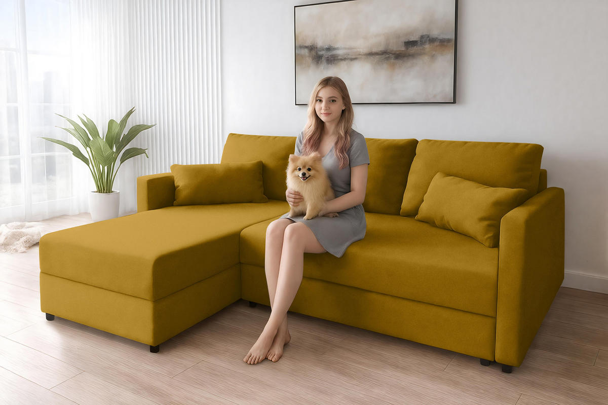 ECKSOFA L Form Dolceo Gelb 226/140/78 cm – Schlaffunktion Universell Rechts Links - Gelb/Schwarz, Kunststoff/Textil (226/140cm) - AX Living