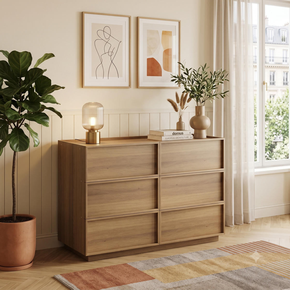 SIDEBOARD Holz Kommode mit 6 Schubladen, Eiche 115x48x78 cm - Eichefarben, Holzwerkstoff (115/78/48cm) - Urban Meuble