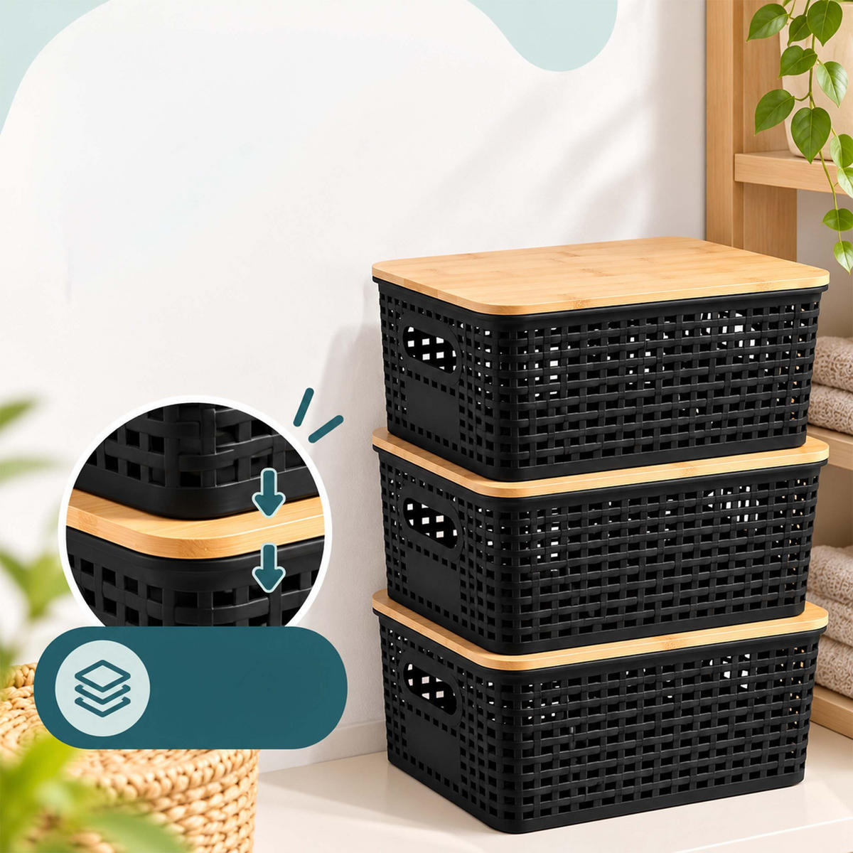 ÚLOŽNÉ BOXY Černá 6dílná-sada bambusové-víko - černá, dřevo/plast (25.5/11/18.5cm) - Relaxdays